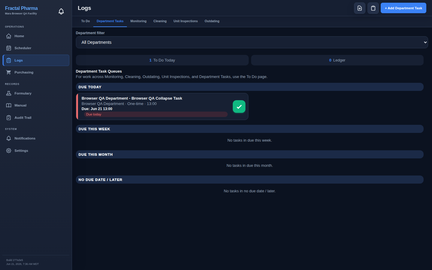 Real Fractal Pharma daily operations screenshot with demo task data